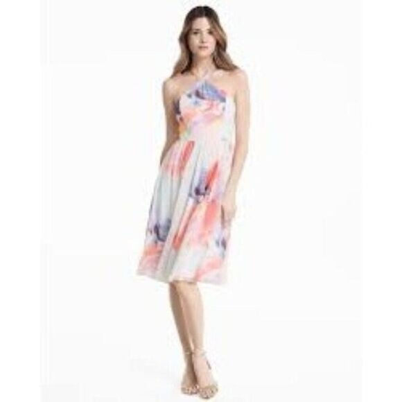 White House Black Market Watercolor Print Halter Dress 12 14 - Picture 1 of 7